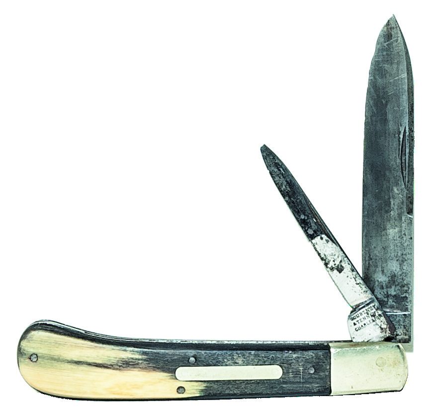 silver mountings and horn slab grips. Similar knives without the rare Confederate agent mark can be found market priced $20- (Photos by Trevor LePrevost)
