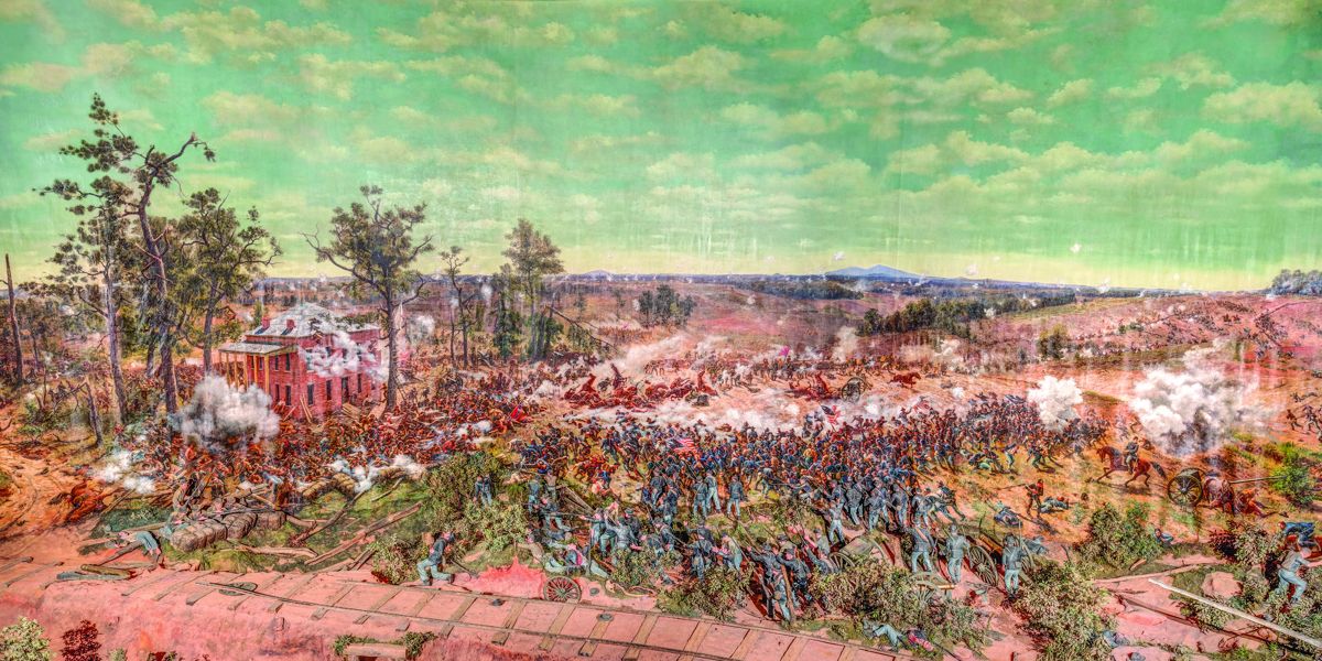 In this segment of Atlanta’s famous Cyclorama, Col. August Mersy’s Federal brigade attacks the South Carolinians of Brig. Gen. Arthur Manigault, who have broken the Federal line east of Atlanta on the afternoon of July 22, 1864.