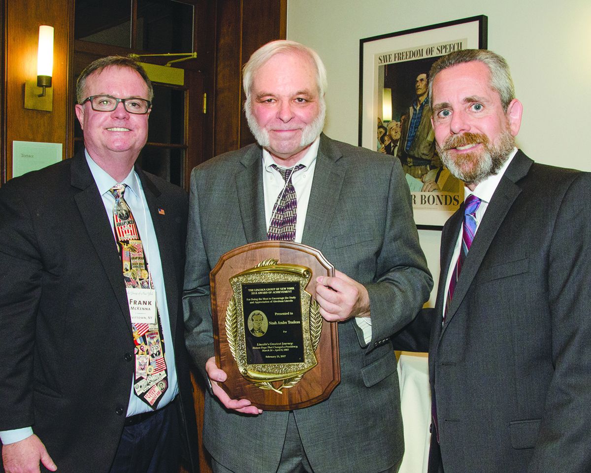 2016 Award of Achievement Presentation. Pictured, left to right are Frank McKenna - Chair, Award Committee, Noah Andre Trudeau, Steve Koppelman, President of The Lincoln Group of New York. (Henry F. Ballone)