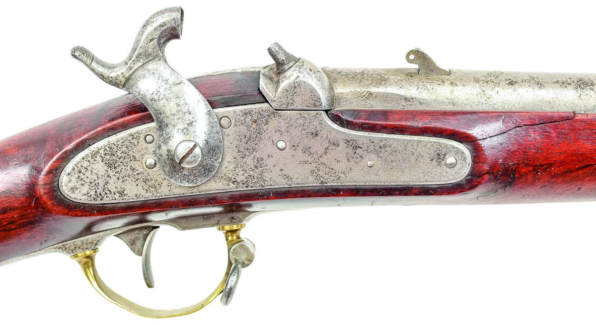 Close up of the lock area of a Whitney Variant M-1842. Note the unmarked lock, a surplus U.S. armory lock that was ground down. Note also the rear sight base for the Sharps 1853 type ladder sight (ladder missing). A few examples are known with other rear sights of either the U.S. M-1855 or M-1858 pattern, suggesting that Whitney “ran out” of the Sharps pattern sights.