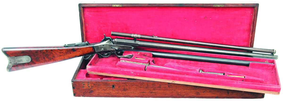 Fully cased .35 caliber 1st Model Maynard Sporting Rifle #780, including an extra shotgun barrel, a bowie knife, loading accessories, and removable telescopic sight as well as multiple front and rear sight inserts. While the gun is certainly “pre-war” and too low to be officially part of the Confederate purchase range, it may well have seen Confederate service. The telescope is marked F WASSMANN / WASHINGTON D.C. Wassmann was a German immigrant gunsmith who was working in Georgetown, District of Washington City, circa 1860.