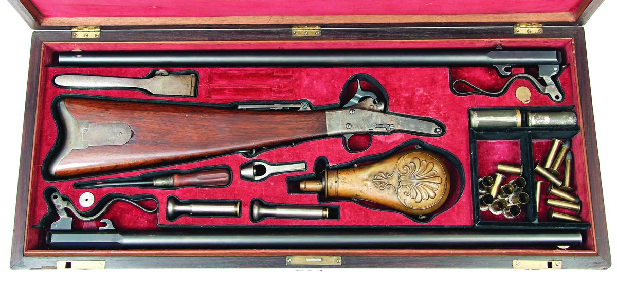 Fully cased .35 caliber 1st Model Maynard Military Rifle #3657 with a second .50 caliber sporting barrel. The serial number is well within the range of potential Confederate purchases, but this French fitted casing was likely sold by a high-end retailer, possibly in New Orleans where the French style casing would be popular. This extraordinary condition set is likely typical of the high- grade casings acquired by Vice President Breckenridge and Senator Toombs.