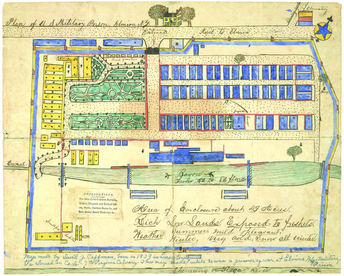 Map made by David J. Coffman, born in 1839 in Luray [Page] County, Va. Served in Co. D., 7th Va. Cav. This map made while he was a prisoner of war at Elmira, N.Y., U.S. Military Prison. (Library of Congress)