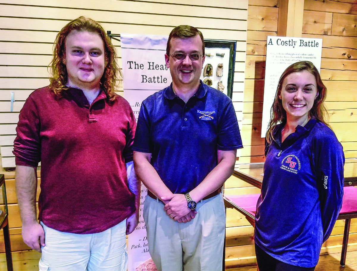 Prof. Noyalas (center) is flanked by this summer’s two student fellows Zachary Thompson (left) and Shelby Shrader (right).