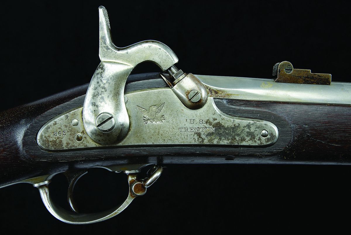 This gun is properly marked “US/TRENTON” with Eagle forward of hammer on lock and “1863” on tail of lock and on barrel flat.