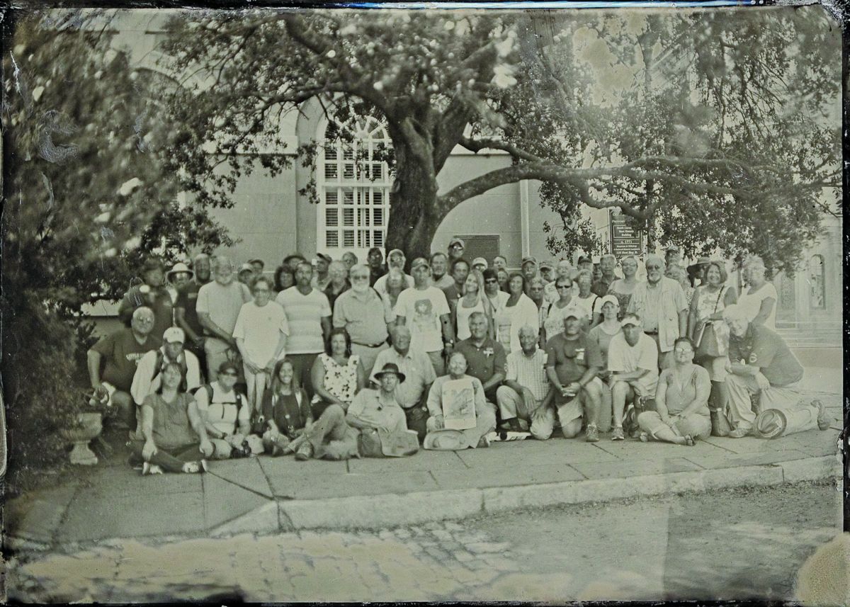 Charleston TinTypist Christine Eadie’s wet plate photography demonstration yielded an image of the Image of War seminar attendees outside the Old Exchange.