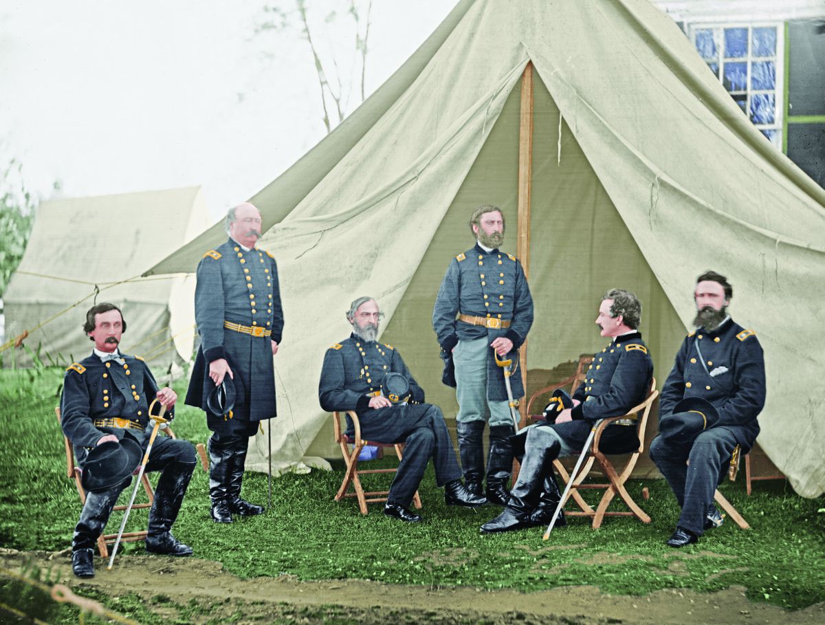 Generals of the Army of the Potomac: Gouverneur K. Warren, William H. French, George G. Meade, Henry J. Hunt, Andrew A. Humphreys, George Sykes; Culpeper, Va. Colorization © 2017 civilwarincolor.com courtesy civilwarincolor.com/cwn