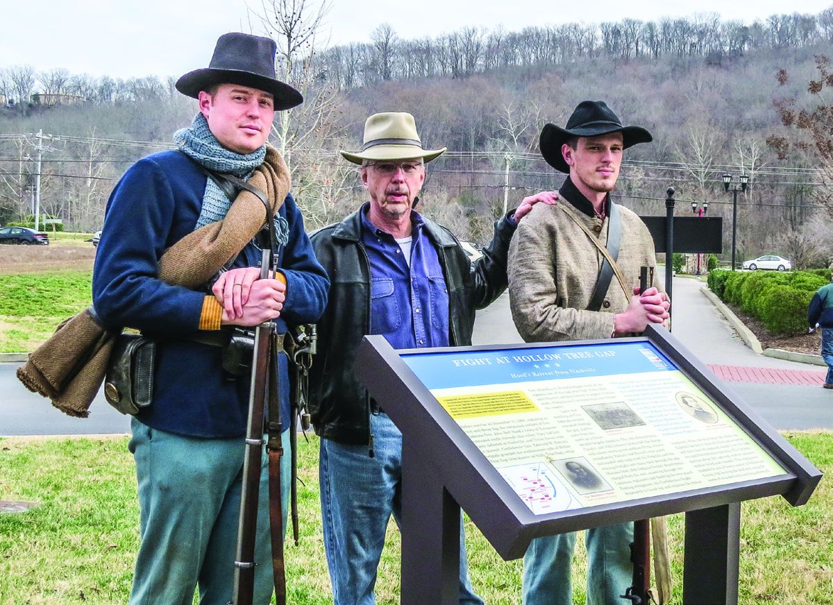 2014 dedication of the Battle of Hollow Tree Gap marker sponsored by the FCWRT. Mike Hoover, left, Gregory Wade, center and Forrest Wade, right.