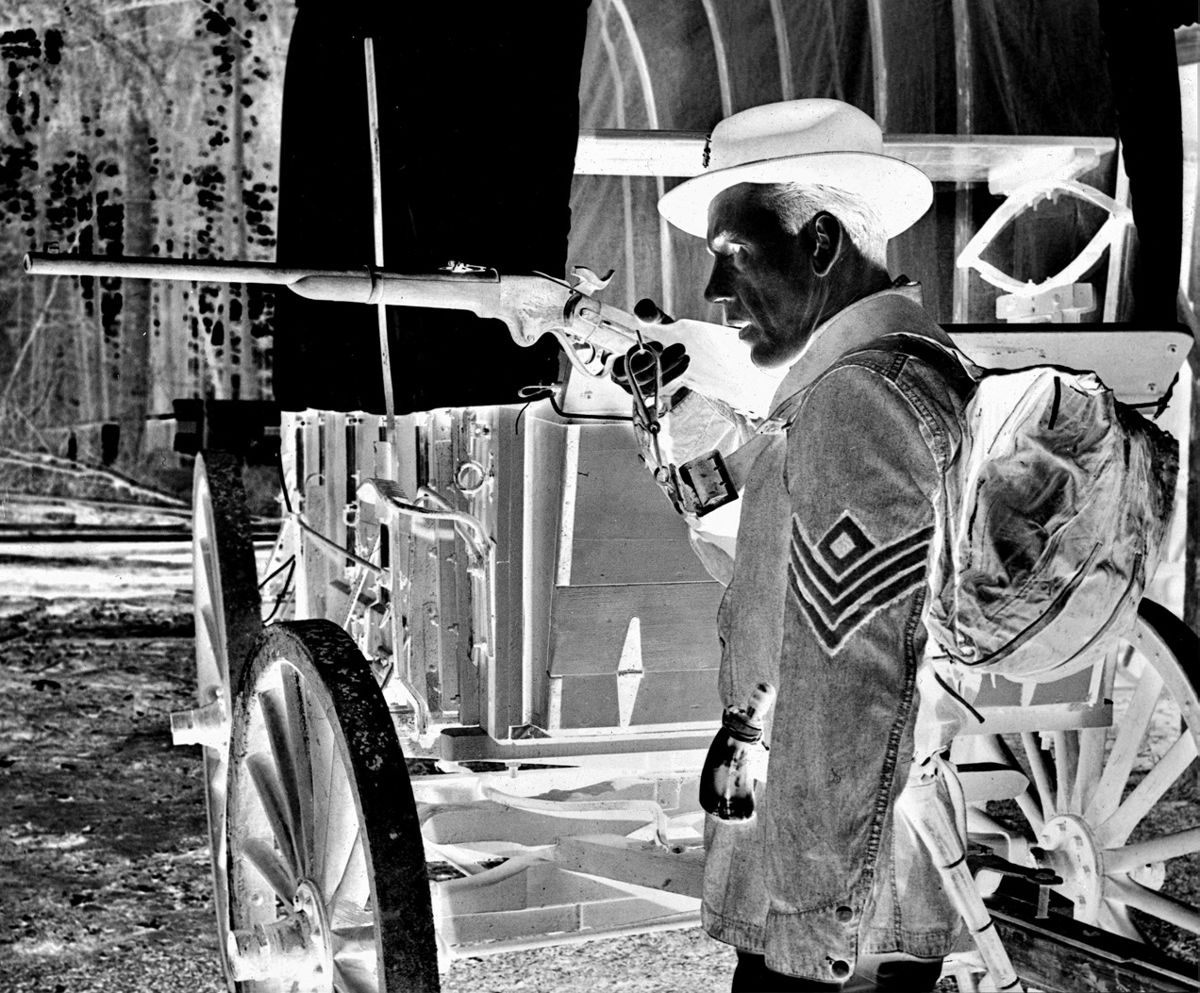 Sergeant Bill Johnson, a reenactor with the First Oregon Artillery, poses with his Spencer carbine in May, 1965.