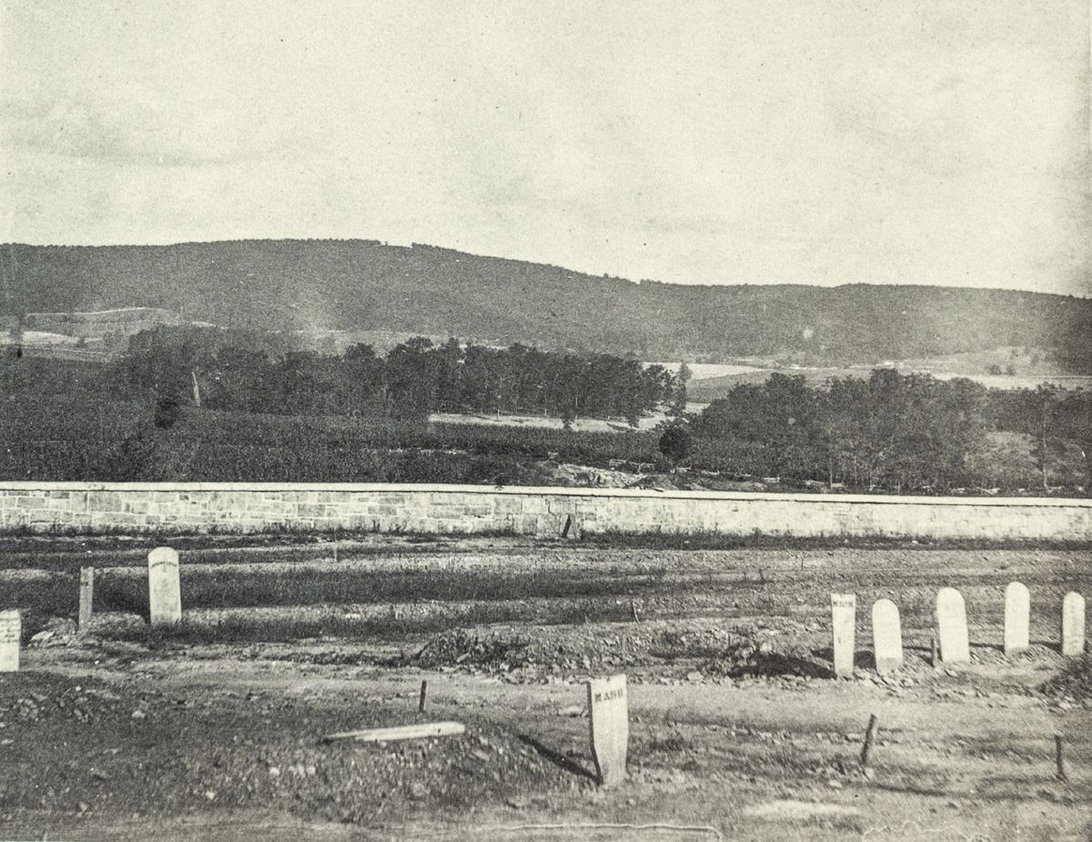 Antietam Cemetery in foreground, South Mountain in background—gap shows location of Signal Station during battle. View taken after the war. (Library of Congress)
