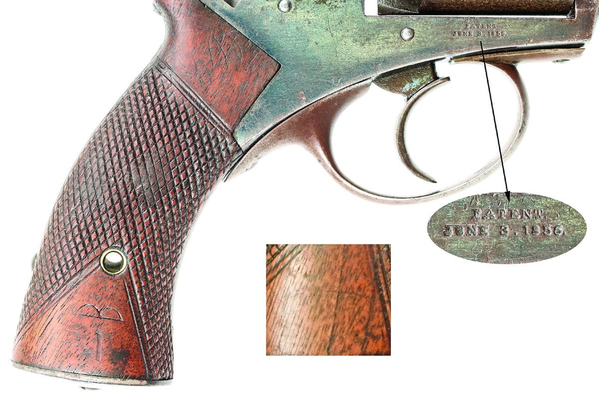 Close up of the obverse of #554, showing frame markings and carved initials in the grip, likely of the C.S. trooper the gun was captured from. Note the lack of a U.S. military inspection cartouche. The inset photo shows a weak WAT inspection cartouche as found on obverse grip of U.S. martial Mass. Arms Adams revolvers.