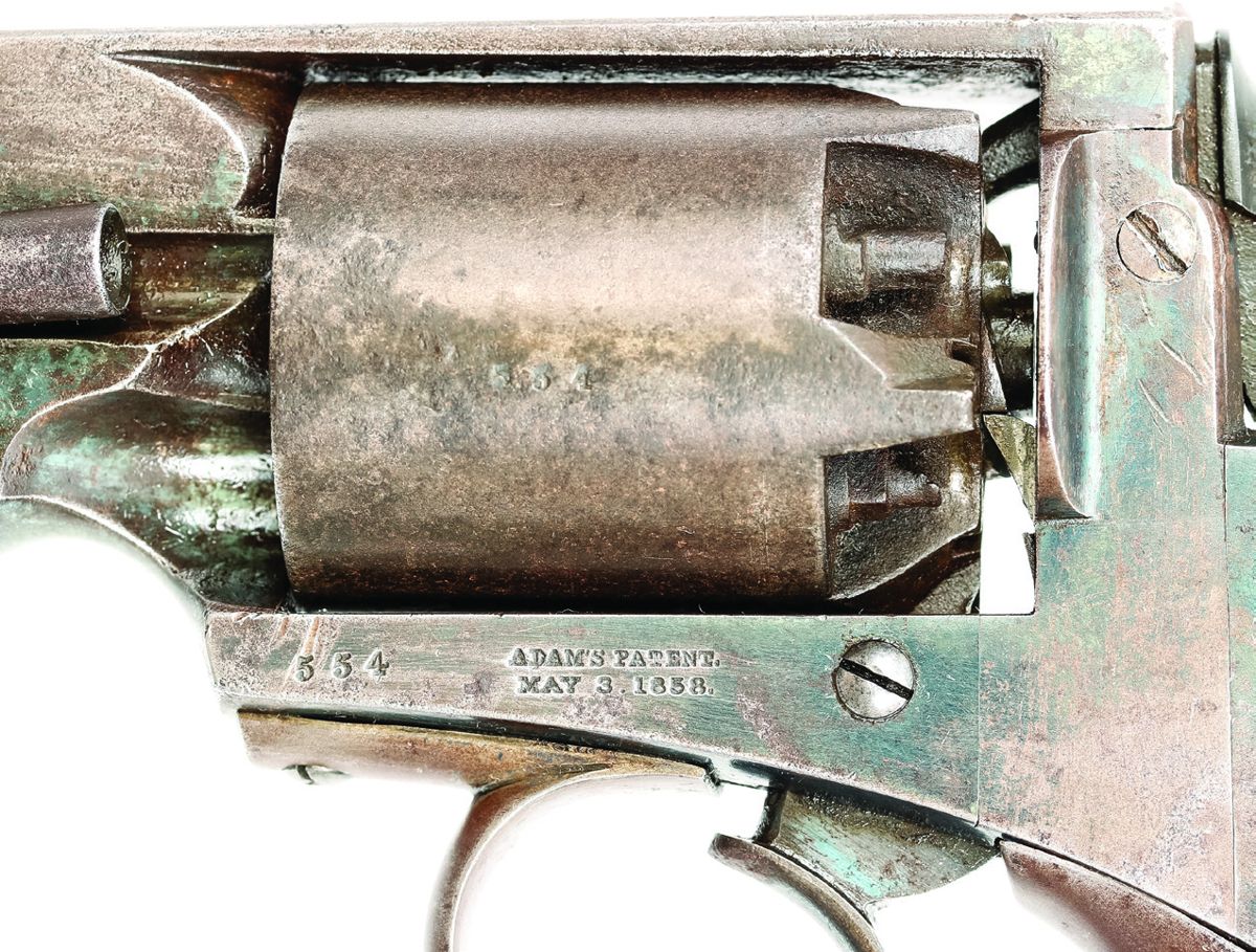 Reverse frame markings of Mass. Arms Adams #554, showing serial number on frame and cylinder as well.