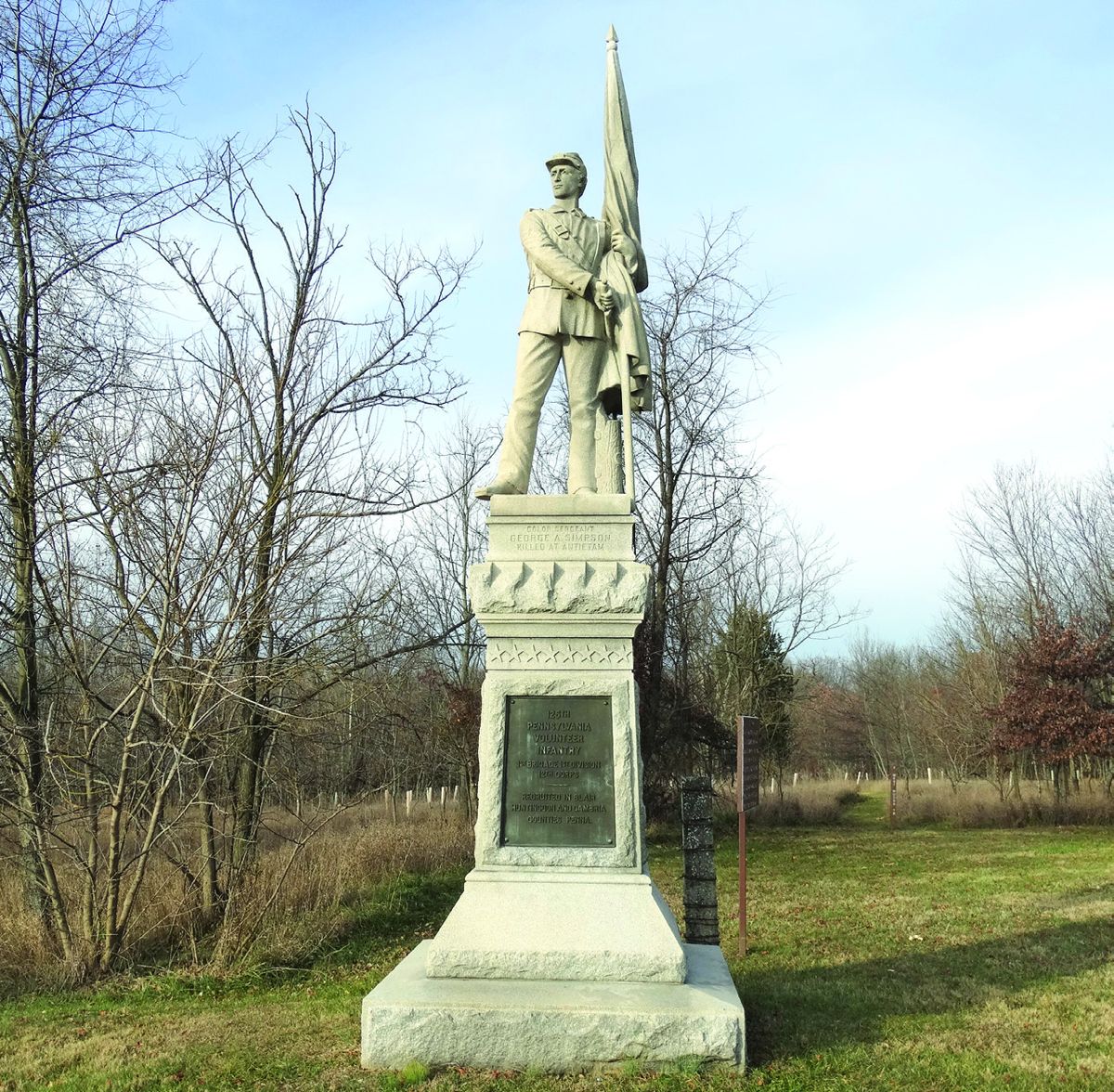 Sgt. George Simpson stands defiantly atop the 125th Penn. monument on the Antietam Battlefield. (Joseph F. Wilson )