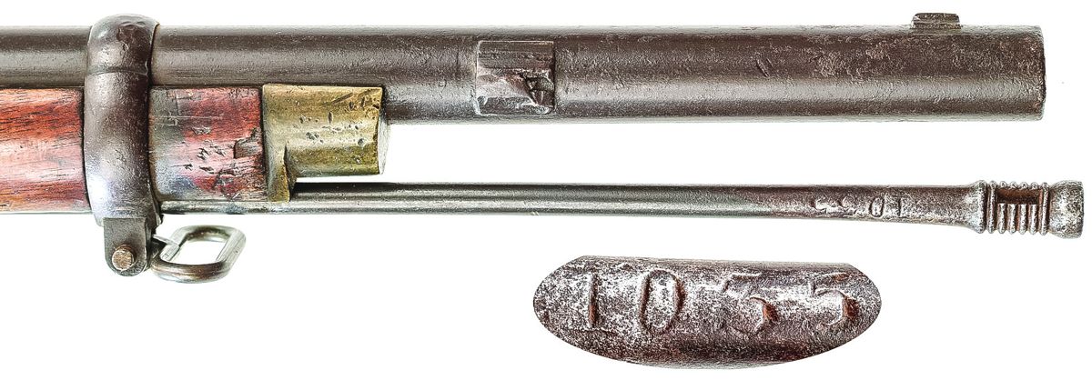Close up of the muzzle area of Confederate Artillery Carbine #1271, showing location of the saber bayonet lug (broken off) and an original Confederate numbered Artillery Carbine ramrod #1035, a period replacement from another Confederate purchased gun.