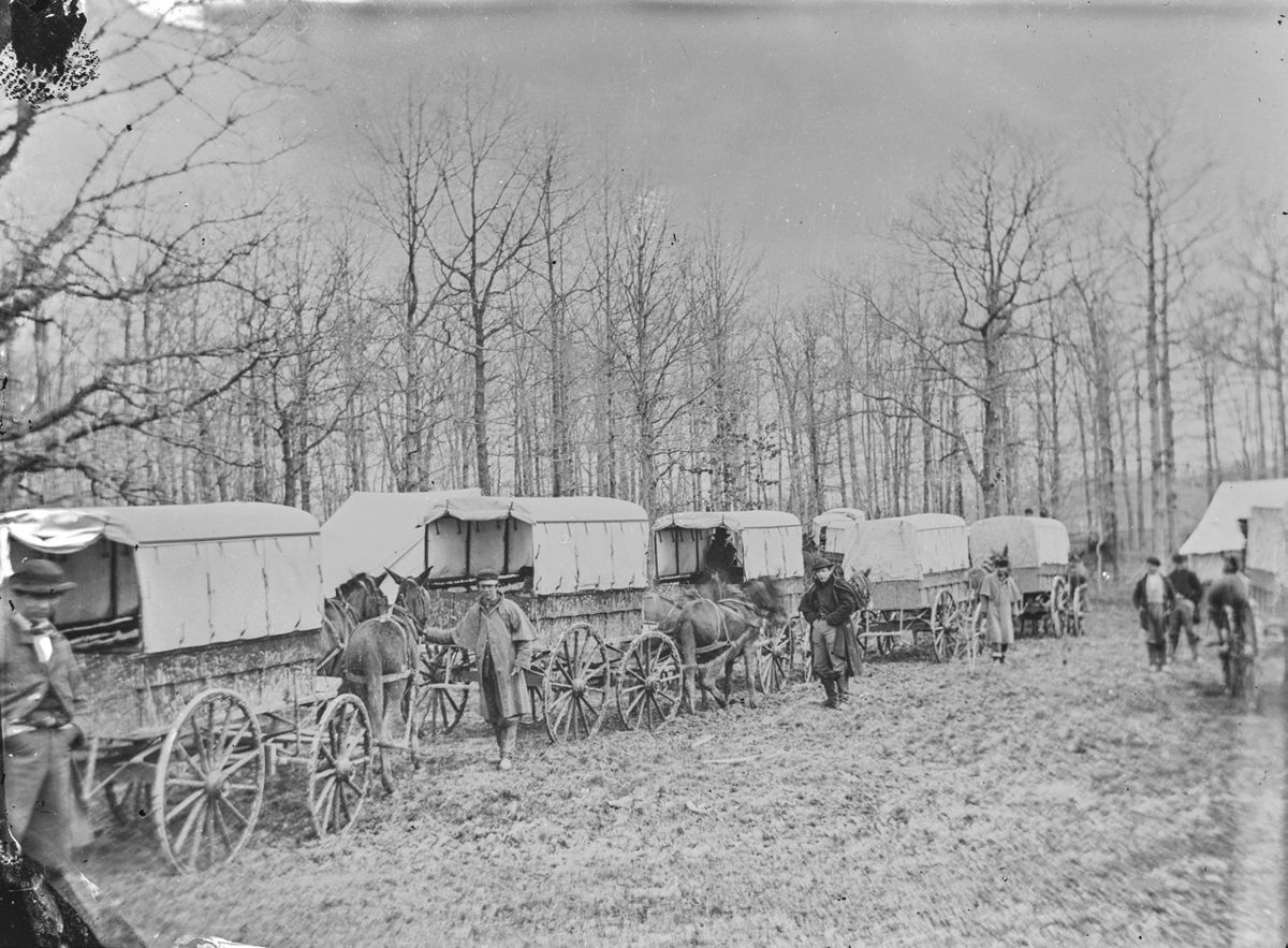 Wagon ambulance train. Washington, District of Columbia. Ambulance train at Harewood Hospital. Miller. (v.7, p. 313 - Ambulance train at City Point, Va.) (Library of Congress)