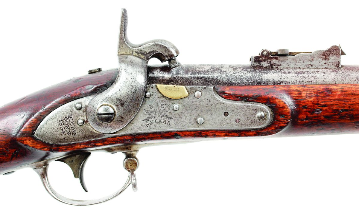 Close up of the lock, percussion alteration and rear sight of the Ohio contract Greenwood altered U.S. M-1816 Type III musket by Starr.