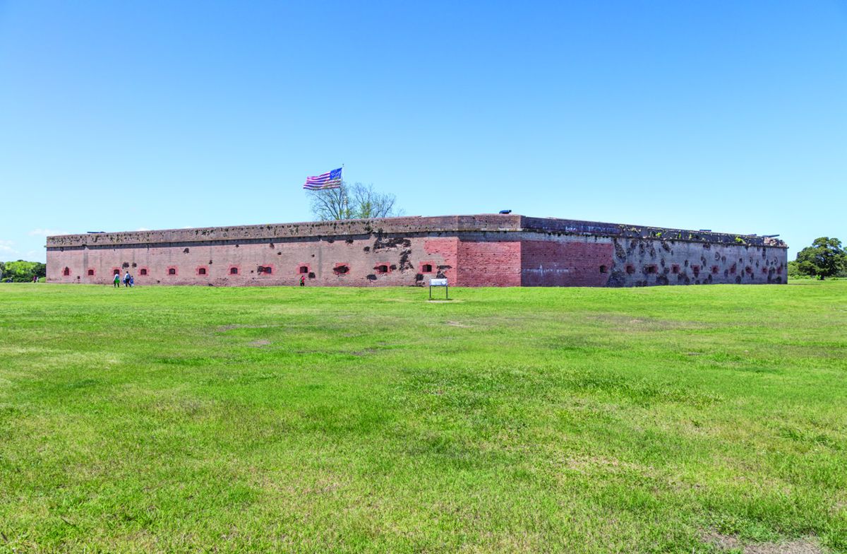 Modern day photograph of the artillery projectile damage to Fort Pulaski. The red brick in the center is the repaired section that was destroyed during the bombardment. (Jack Melton)