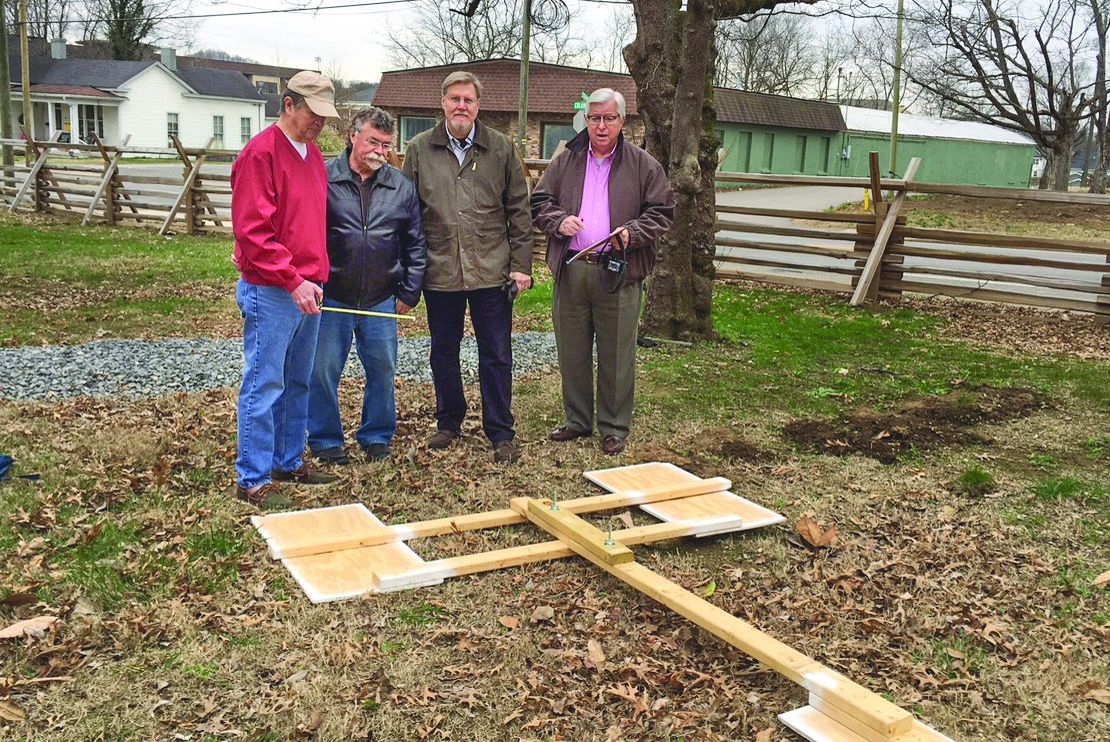 The Franklin’s Charge Cannon Committee reviewing a possible placement site and measurements for cannon. L-R: Cullen Smith, Bruce Hohler, Gary Rosenthal and Sam Huffman.