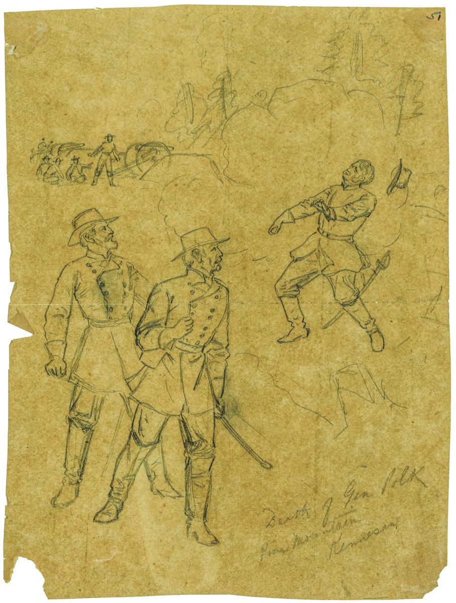 Death of Gen. Polk on Pine Mountain illustrated by the famous wartime artist Alfred Waud. (Library of Congress)