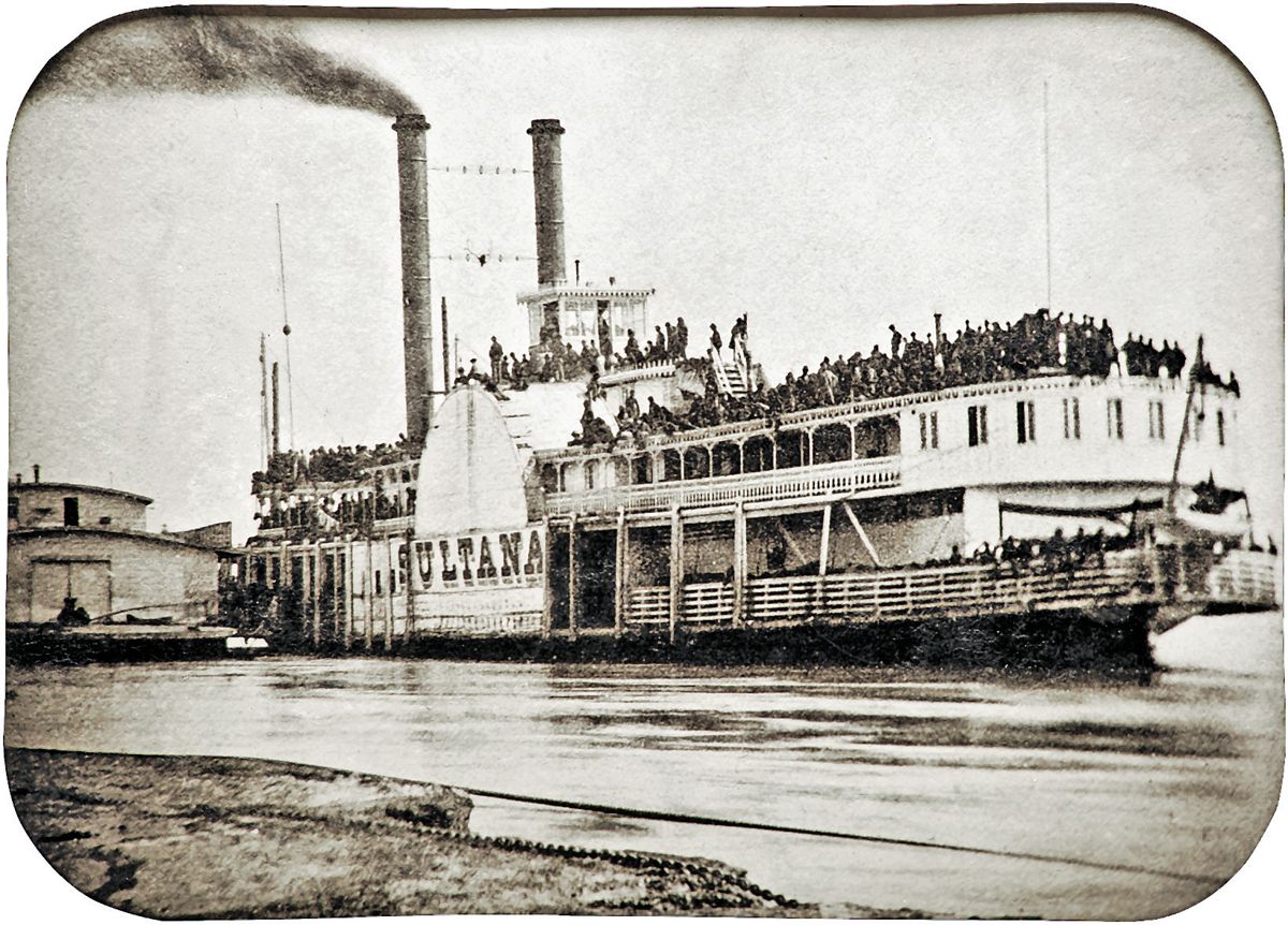 Whole plate tintype, which appears to be a period enlargement made from a carte de visite of the Sultana taken at Helena, Arkansas, on April 26, 1865, a day before she was destroyed. The view captures a large crowd of paroled Union prisoners packed tightly together on the steamboat.