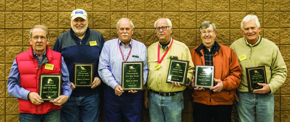 Awards were given to at the Chickamauga Civil War Show to the following (left to right): Award of Excellence to Dr. William Blackman & Don Phillips, Best of Show to Dave Winfield, Chairman’s Award to Bill Beard, Director’s Award to Jerry Hayes and People’s Choice Award to Dr. Brian Riel.