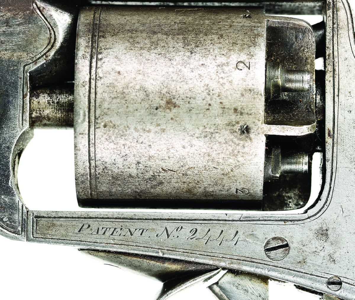 Close up view of the serial number marking on #2444. Note the numbered chambers on the cylinder.