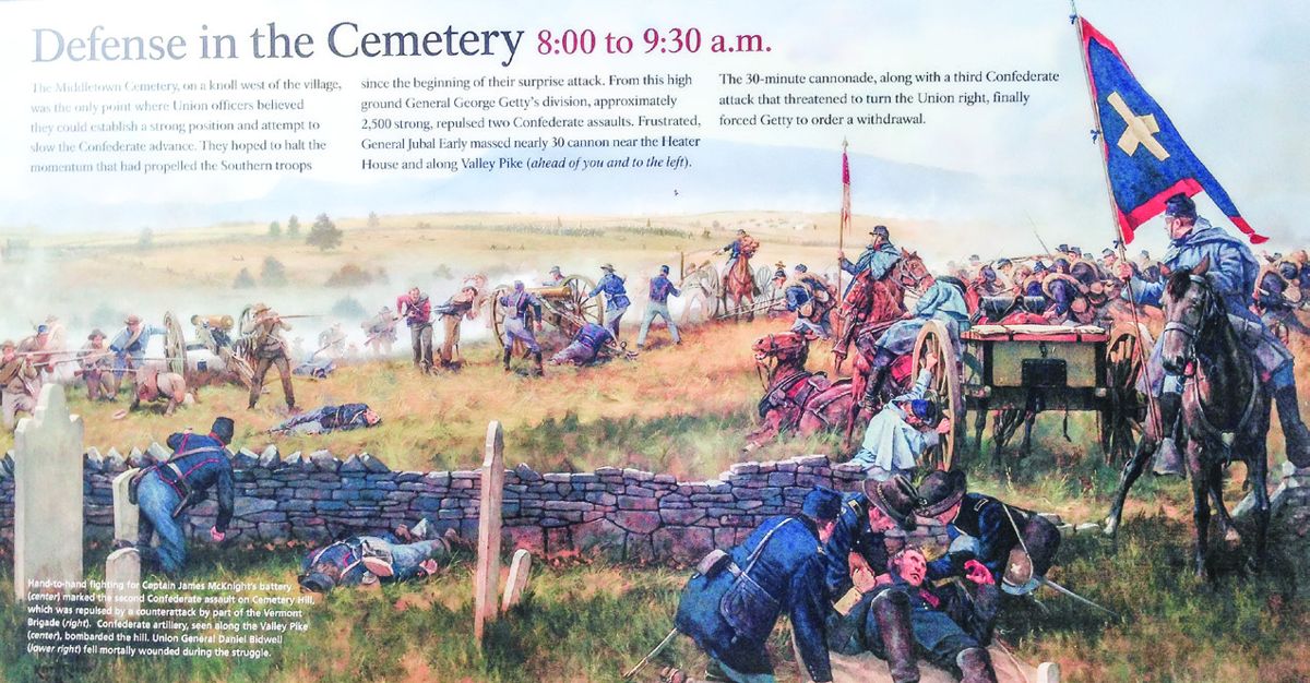 Cemetery Hill sign (photo of new wayside sign, with Keith Rocco painting, to be installed later this year)