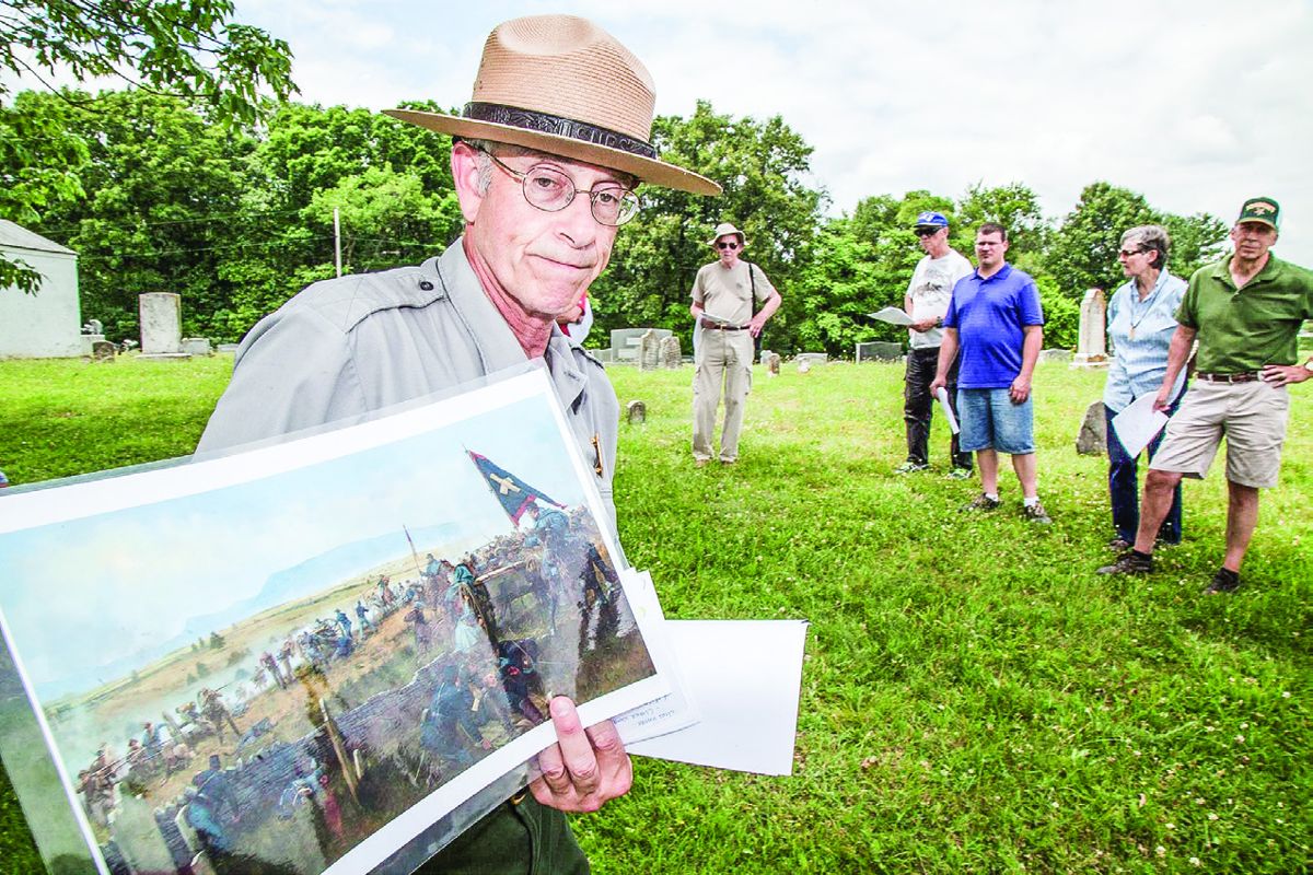 Ranger Jeff Driscoll makes a point while on tour of a newly completed ‘Morning Attack’ trail where Union camps were overrun by a pre-dawn Confederate attack. (NPS Photo)