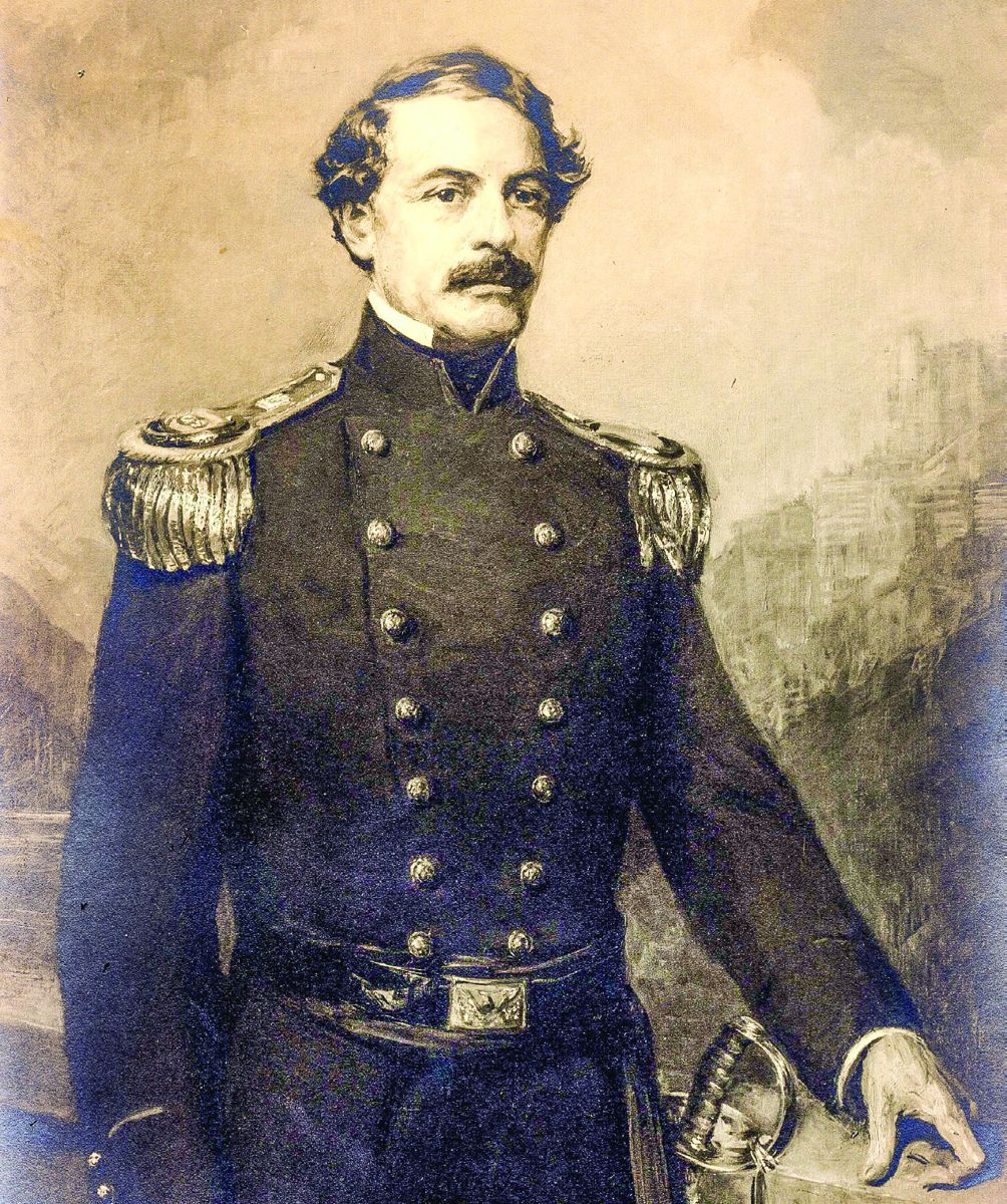 Print of an oil painting of R. E. Lee based on the 1850s photograph by Mathew Brady.