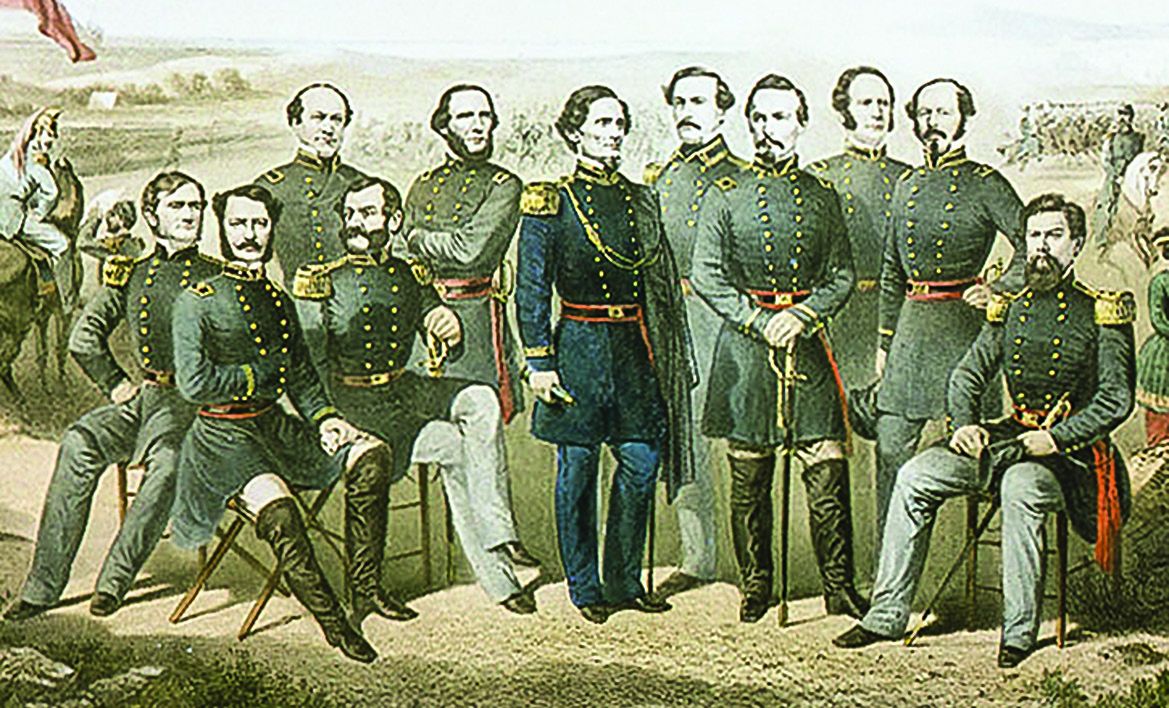 Lee and Johnston were among “The Generals of the Southern Forces” shown in this 1861 French chromolithograph. The artist created the grouping using outdated published portraits.