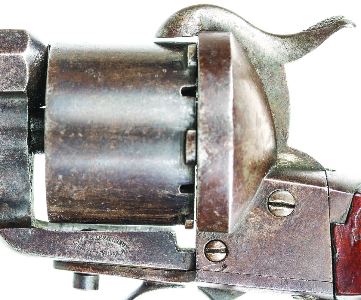 Close-up of the left side of the frame of Lefaucheux M-1854 #28256. Note the two-line Lefaucheux patent mark.