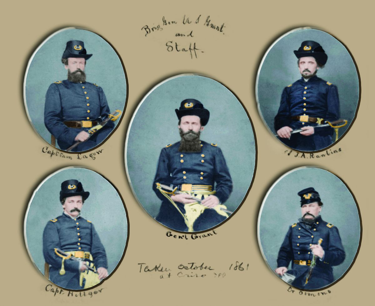 U.S. Grant and staff; Composite of five portraits: Gen. Ulysses Grant, Capt. Clark Lagow, Capt. William Hillyer, Capt. John A. Rawlins, and Dr. James Simons Colorization © 2017 civilwarincolor. com courtesy civilwarincolor.com/cwn