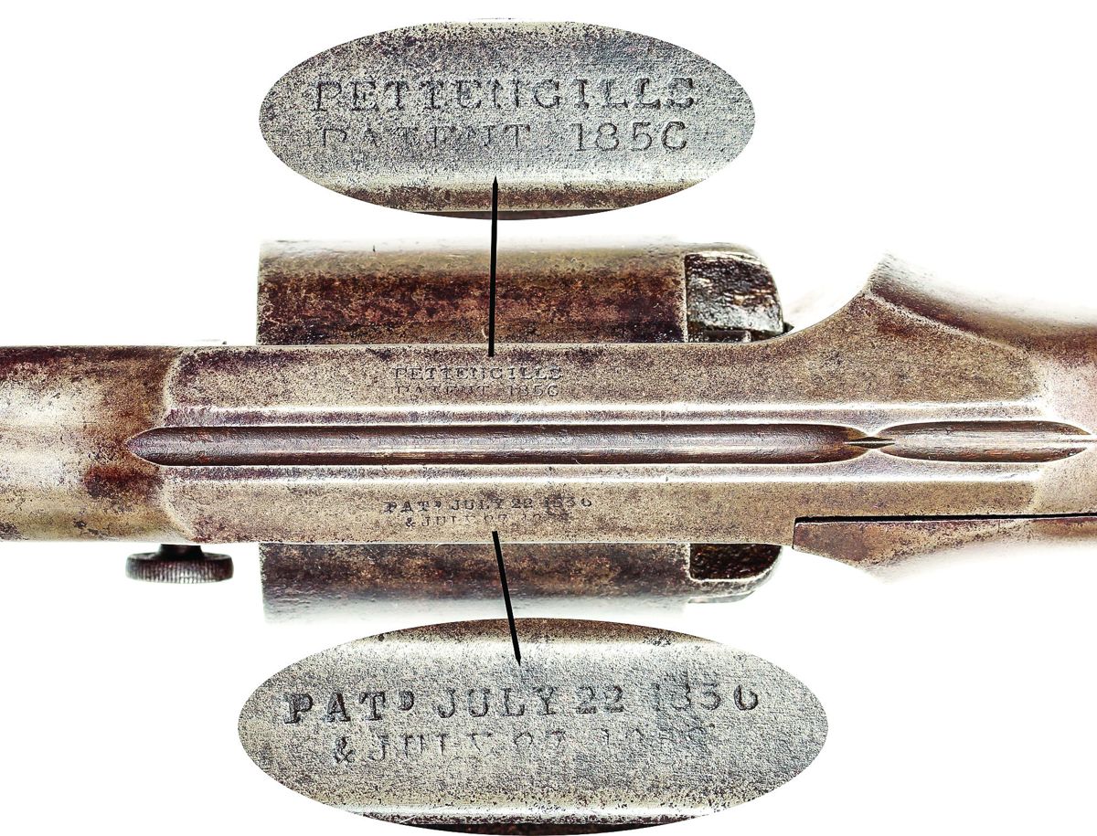 Top strap markings on martially marked Pettengill Army #4409.