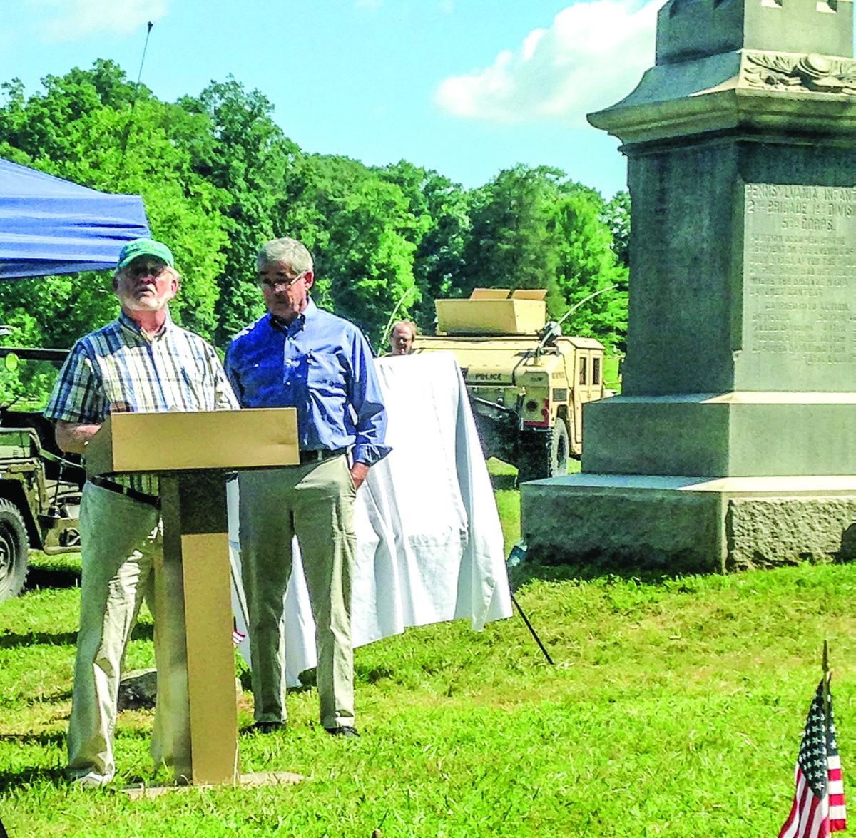 Michael Halloran and Timothy Breslin, descendants of Michael Halloran who originally presented the flag to the Hollidaysburg Borough Council.