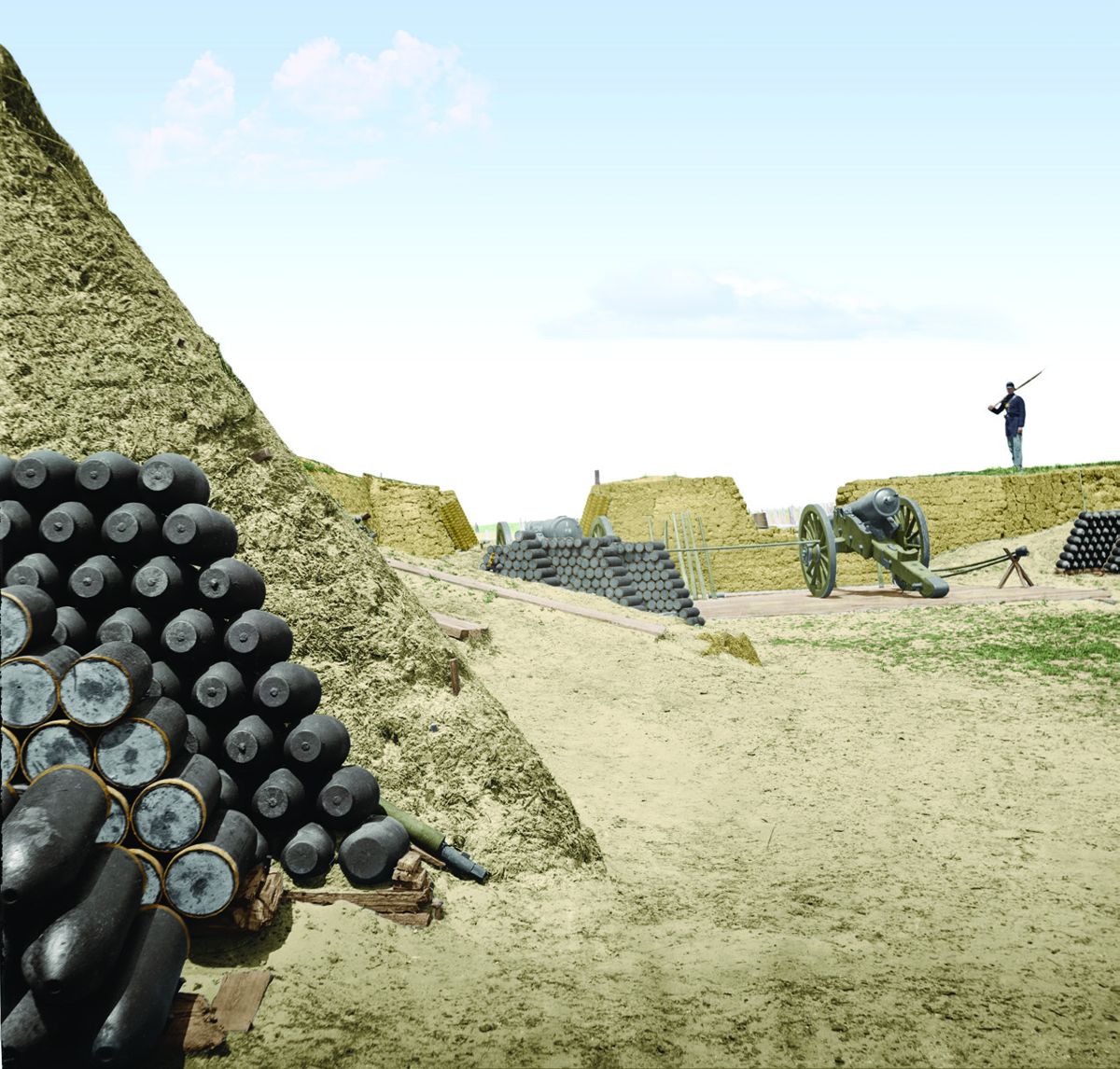 Parapet of Fort Putnam with stacks of ammunition, April 1865. Colorization © 2012 civilwarincolor.com courtesy civilwarincolor. (Library of Congress)