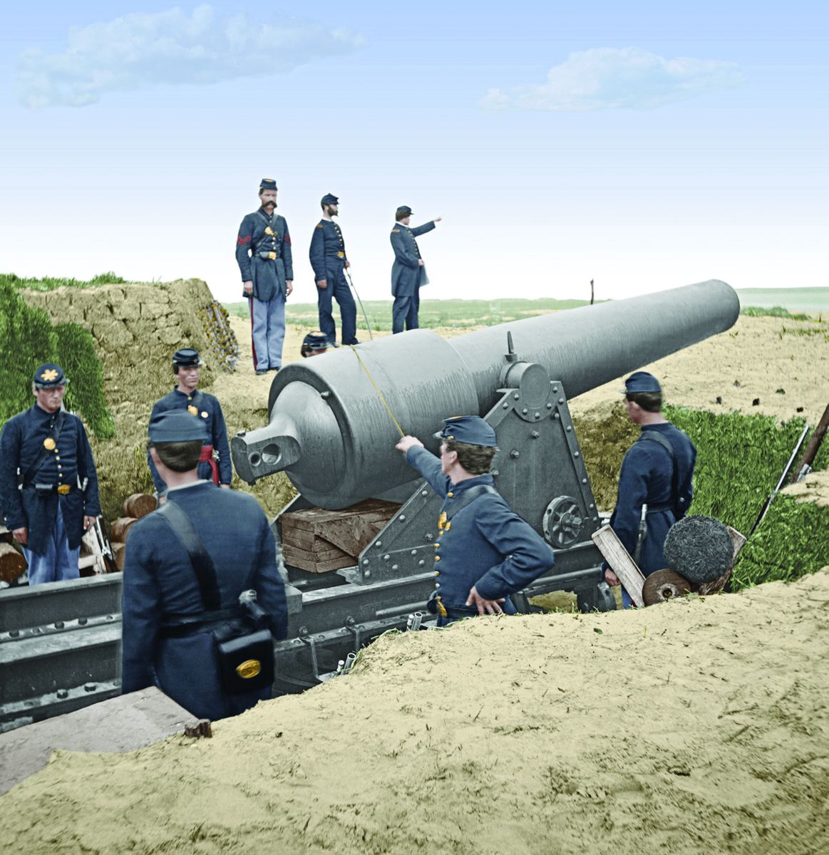 Battery Chatfield Morris Island with gun pointed at Fort Sumter. Colorization © 2014 civilwarincolor.com courtesy civilwarincolor. (Library of Congress)