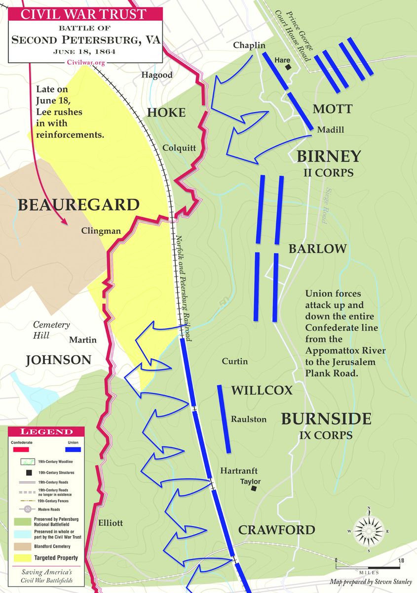With Beauregard anxiously calling for reinforcements, Lee finally sent enough troops to help repel a big Union attack on Petersburg, June 18. This Civil War Trust map is titled, “Second Petersburg”; Beauregard had repelled an earlier Federal assault on June 15. Courtesy Civil War Trust www.CivilWar.org.