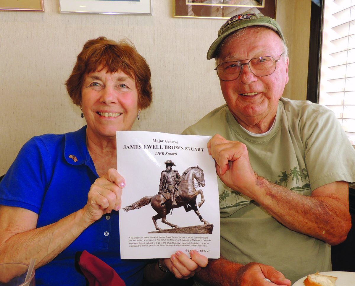 Photographer Janet Greentree and author Carl Sell display copies of Sell’s new book about Major General James Ewell Brown Stuart. Greentree took the cover picture. Both are members of the Stuart-Mosby Historic Society. Proceeds benefit the Society’s Stuart Statue maintenance fund.