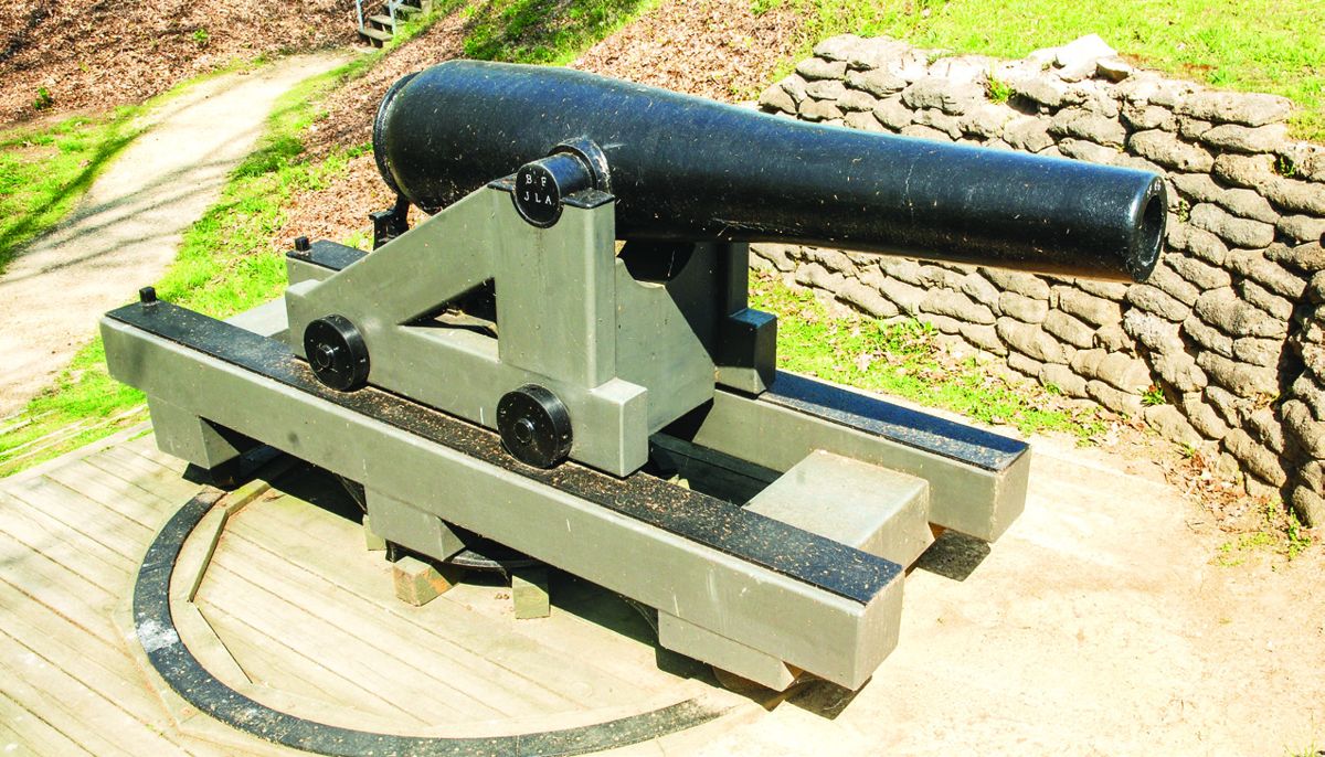 Drewry’s Bluff Gun Battery. Tucker’s sailors and marines manned one of the gun batteries at Drewry’s Bluff to defend Richmond. Pictured is a Bellona Foundry 8-inch Columbiad.