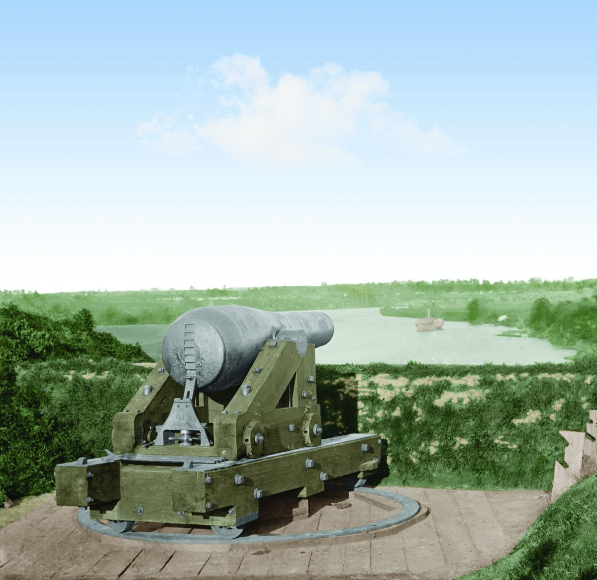 Columbiad gun in Fort Darling on James, Dewry’s Bluff, Va., Colorization © 2018 civilwarincolor. com courtesy civilwarincolor.com/cwn