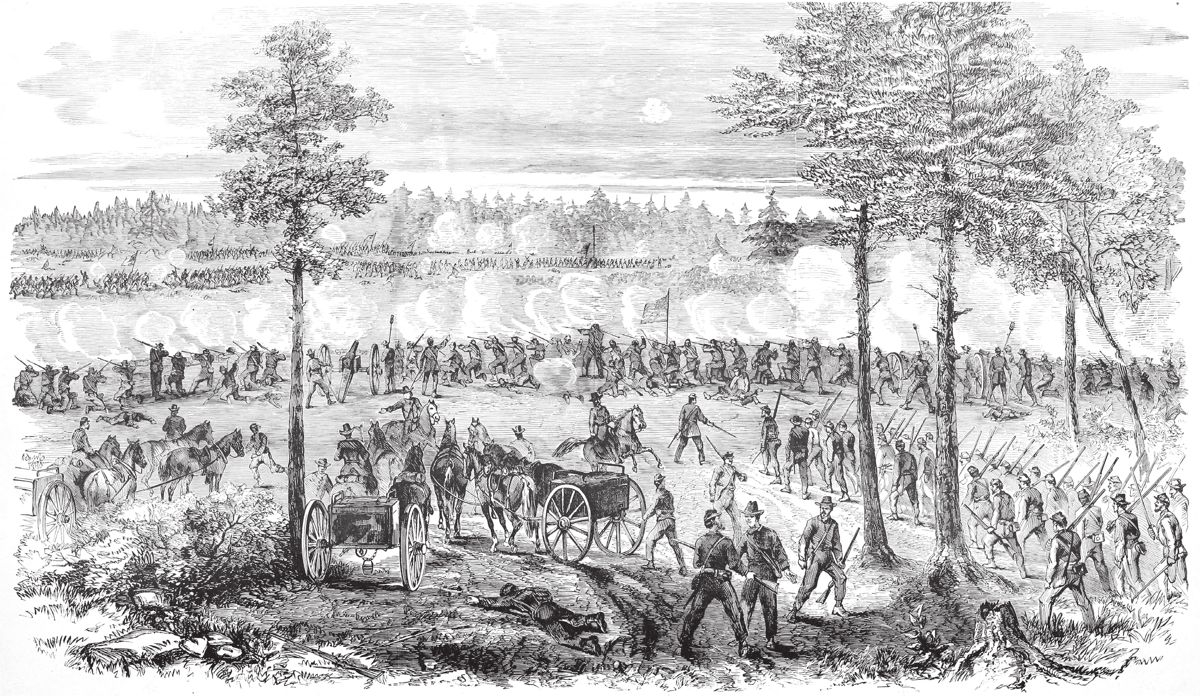 Engraving captioned “The Siege of Petersburg—Battle of Ream’s Station—The Attempt of the Enemy to Regain the Weldon railroad on the evening of August 25th, 1864” showing the “repulse of the final confederate assault” according to the accompanying text. From Frank Leslie’s Scenes and Portraits of the Civil War (1894).