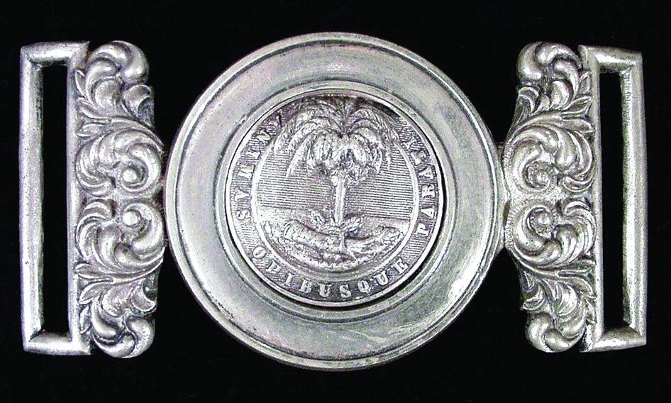 South Carolina silver two-piece belt buckle obverse. (Shannon Pritchard)