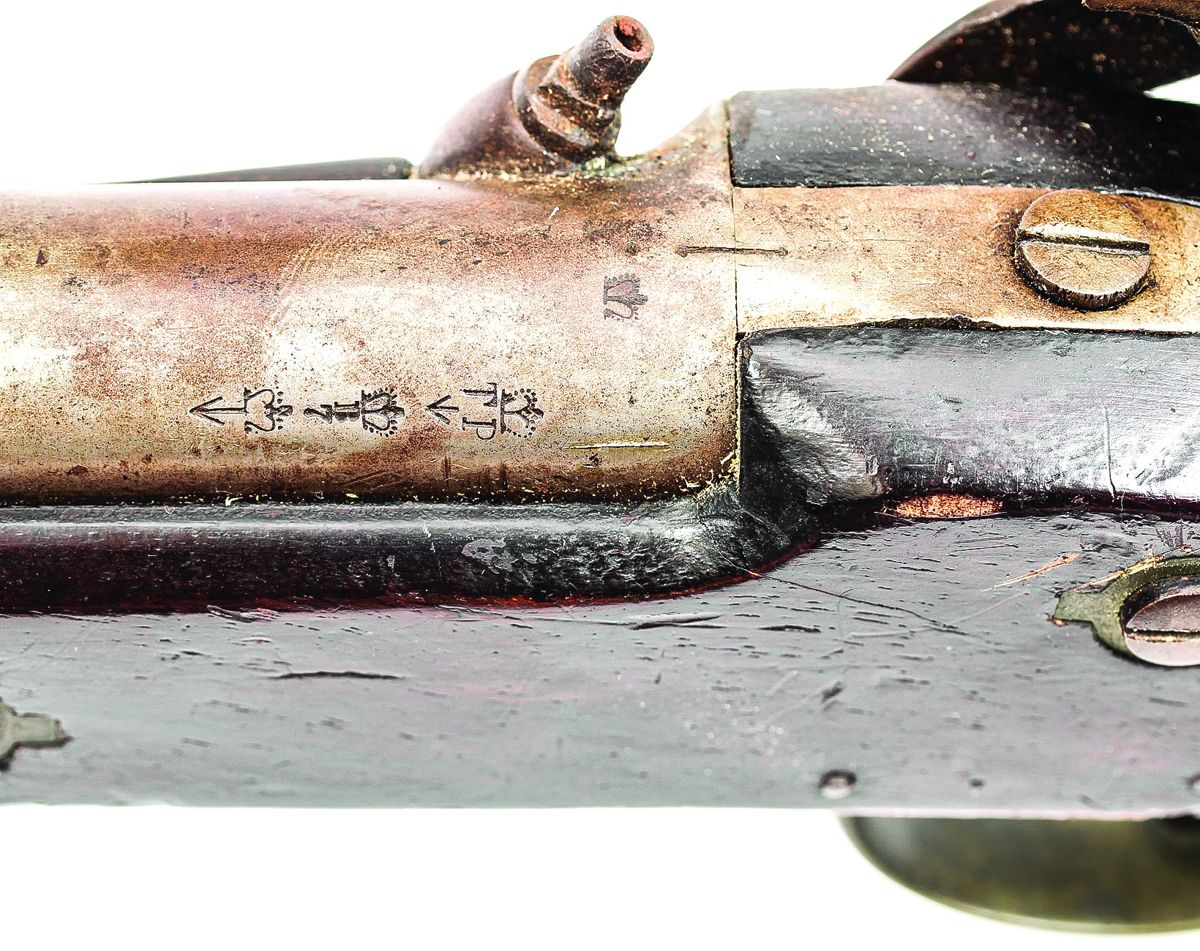 Standard British military proof marks on a P1851 Minié Rifle.