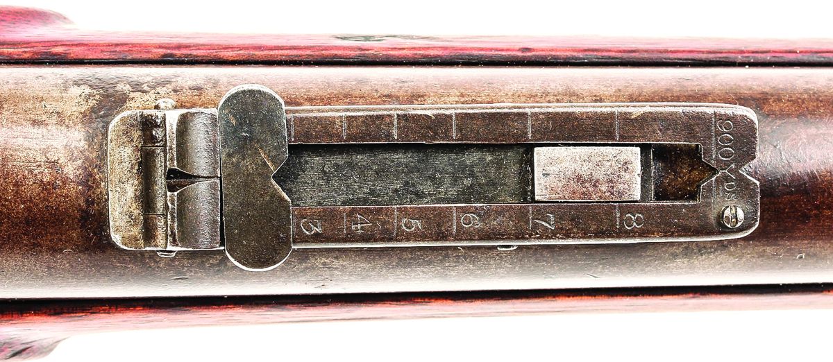 Close up of the P1851 Minié rifle’s long range, 900-yard rear sight.