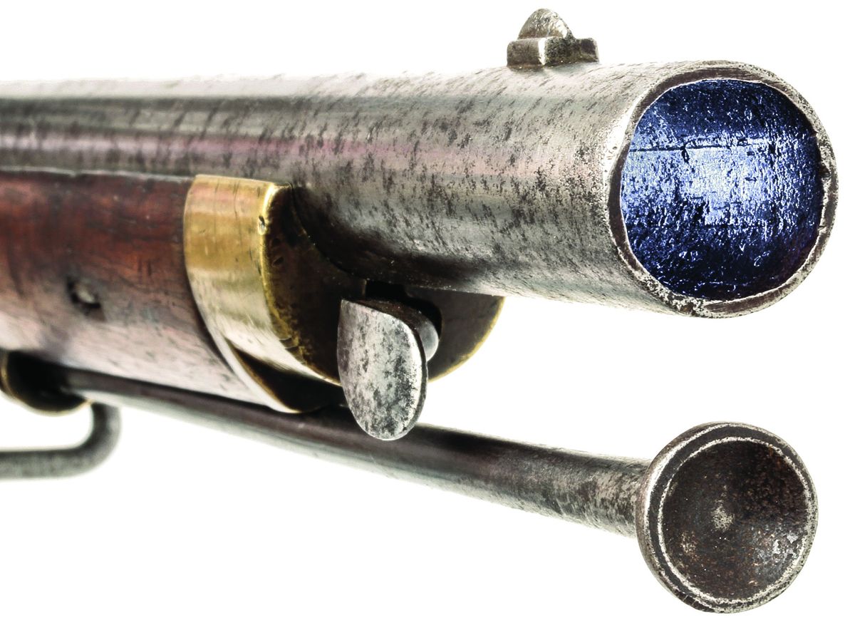 Muzzle of a P1851 Minié Rifle, showing the 4-groove rifled bore, the Lovell bayonet catch and the recessed tip of the button head ramrod.
