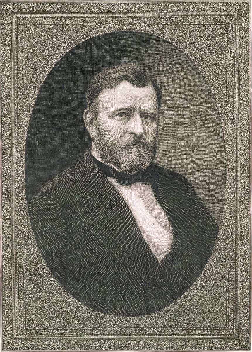 Ulysses S. Grant, head-and-shoulders portrait, facing slightly right, in oval within frame. William Edgar Marshall, 1837–1906, (Library of Congress)