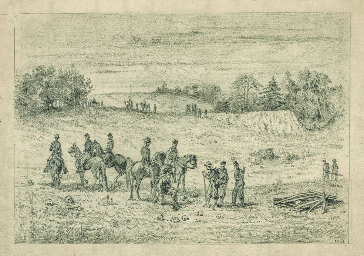 “Officers and soldiers on the battlefield of the second Bull Run, recognizing the remains of their comrades” by Edwin Forbes.