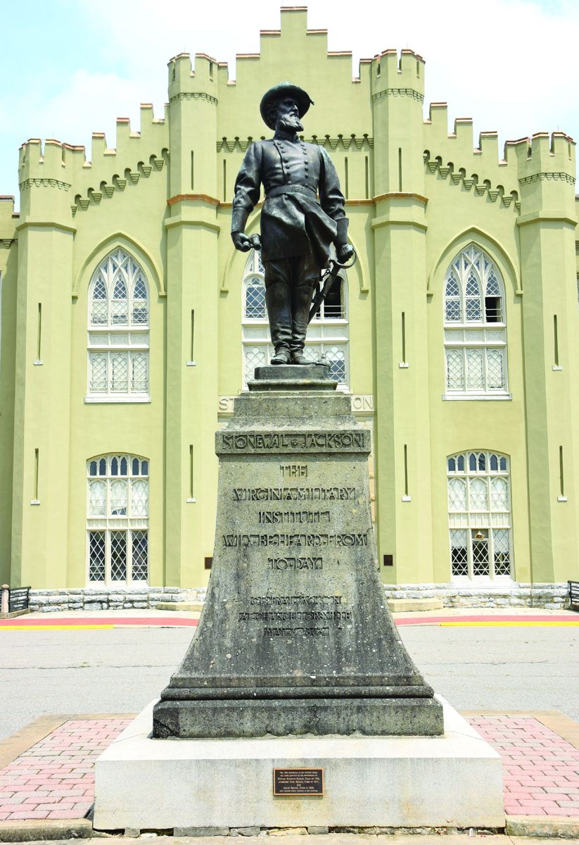 Stonewall Jackson Monument stands before the Stonewall Jackson Arch at VMI in Lexington, Va. General Jackson intended to return to VMI after the war.