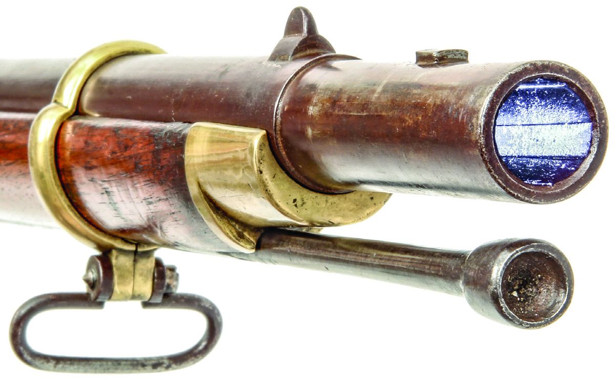 Turned-down muzzle of a Henry “Minié Rifle” allowing it to accept a U.S. M1816 pattern socket bayonet.