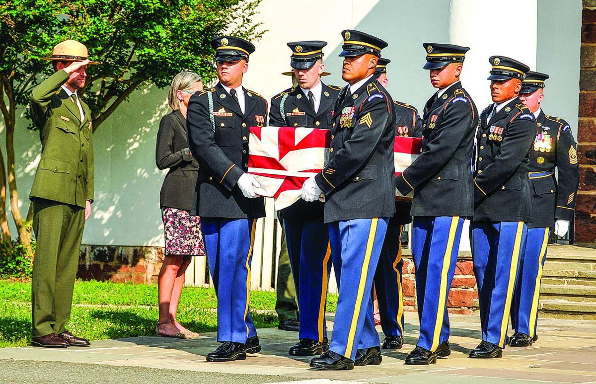 Soldiers from the 3d U.S. Infantry Regiment (The Old Guard), supported by a National Park Service Honor Guard, carry out a dignified transfer of remains for two unknown Civil War Soldiers at Manassas National Battlefield Park, Manassas, Virginia, June 19, 2018. The soldiers were discovered in a battlefield (NPS Photo/Bradley Waldron)